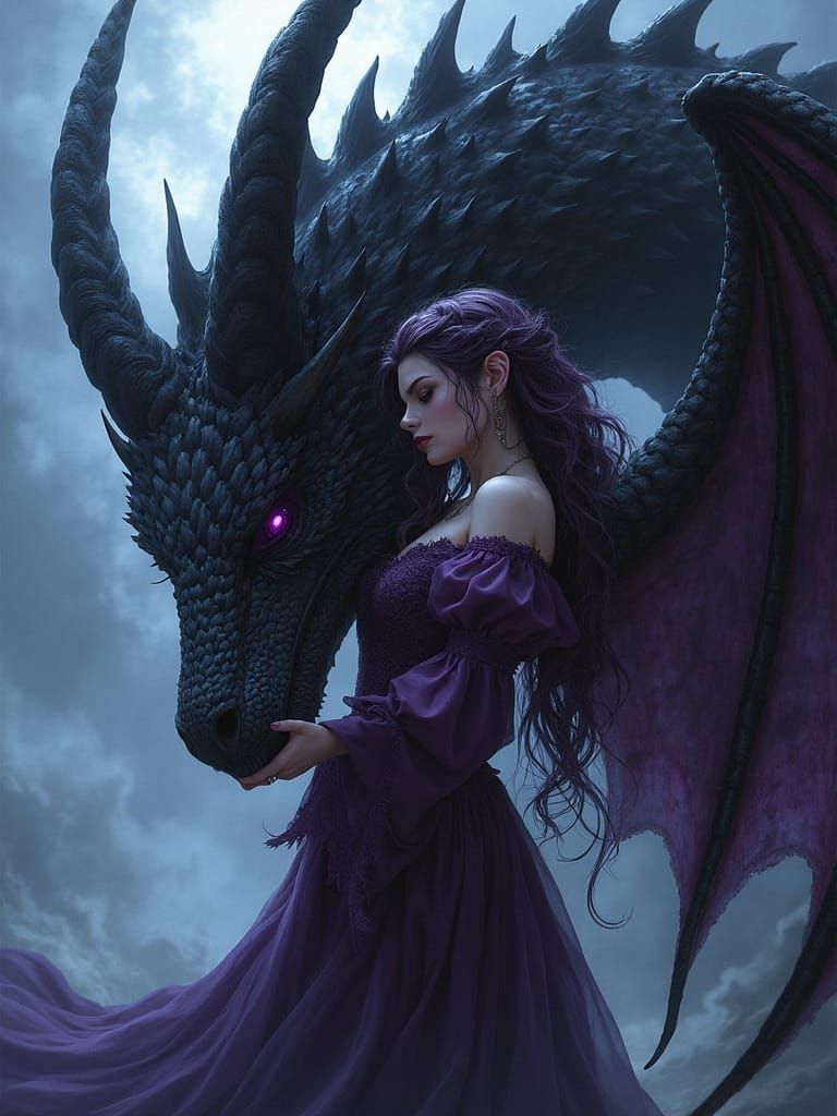 Dark Fairy and Dragon in Dark Anime Style