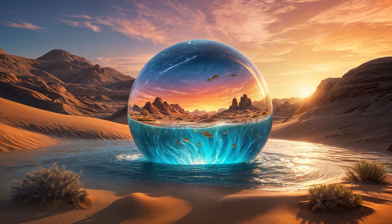 Surreal Desert Orb of Flowing Water