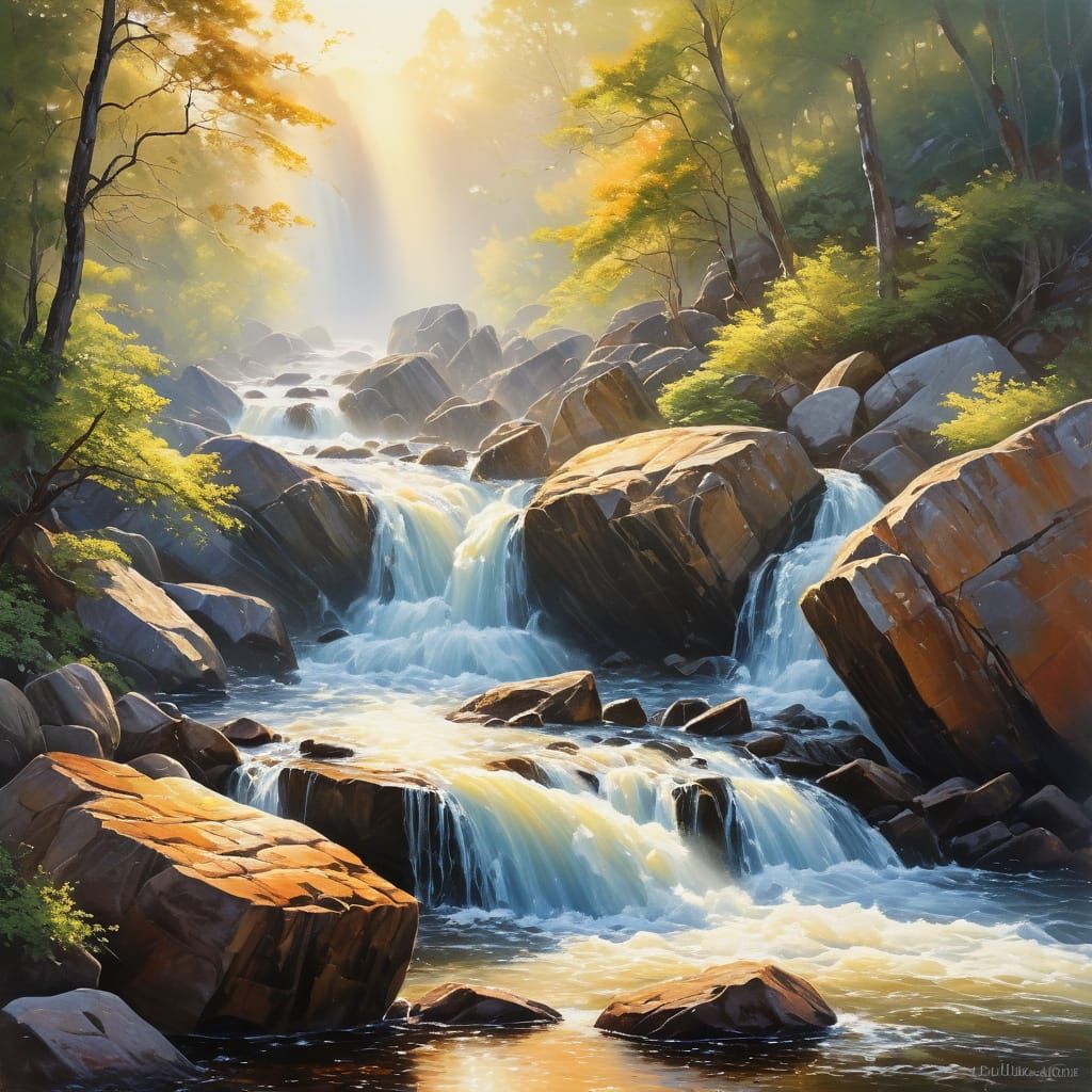 Majestic Waterfall in Golden Light: Oil Painting