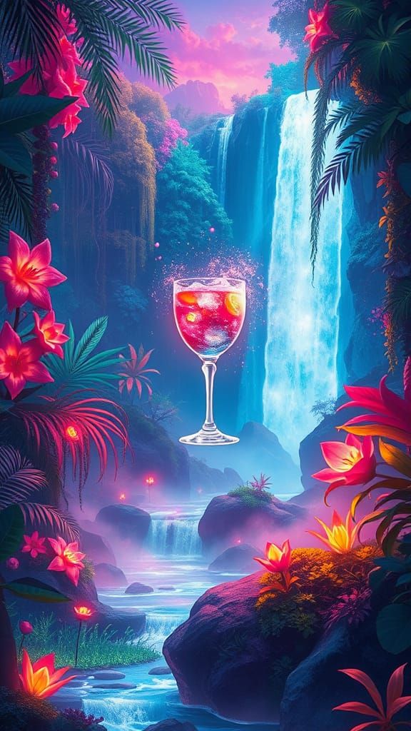Digital art magic cocktail fantasy art surreal neon waterfal...