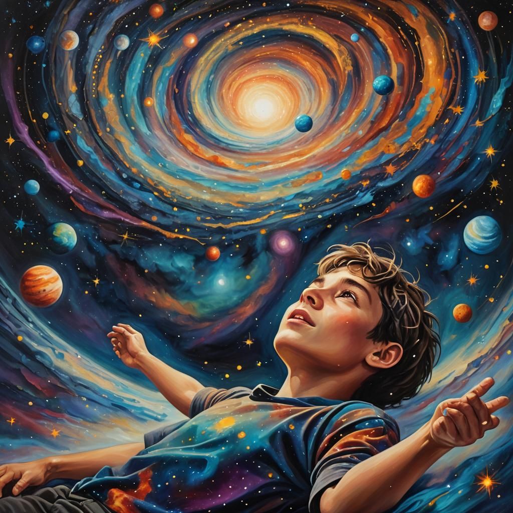Boy Surrounded by Stars: A Surrealist Oil Painting