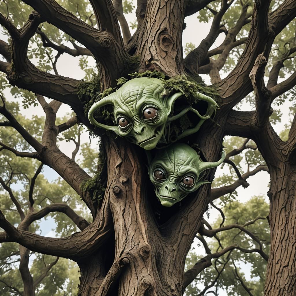 Two crazy aliens hiding in a tree