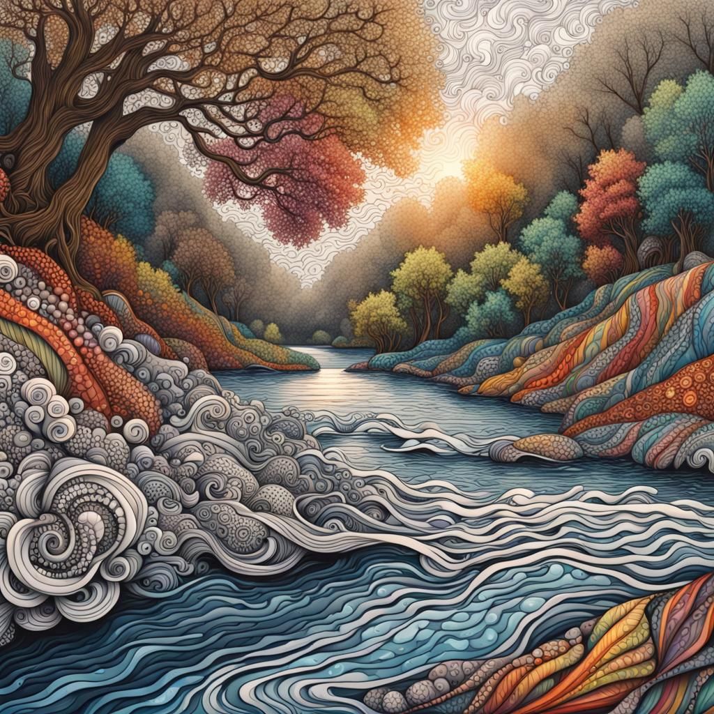 Hyperrealistic Zentangle River in Splash Art Style