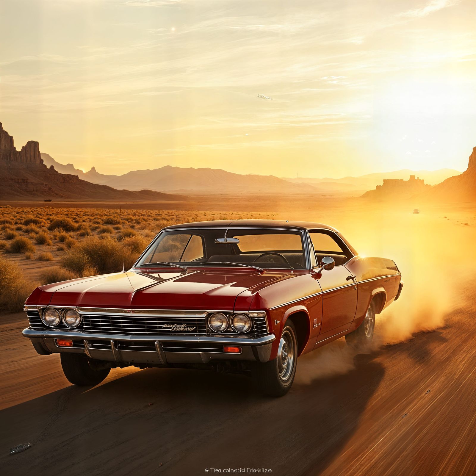 Vintage Chevrolet Impala Cruises Down Desert Highway at Gold...
