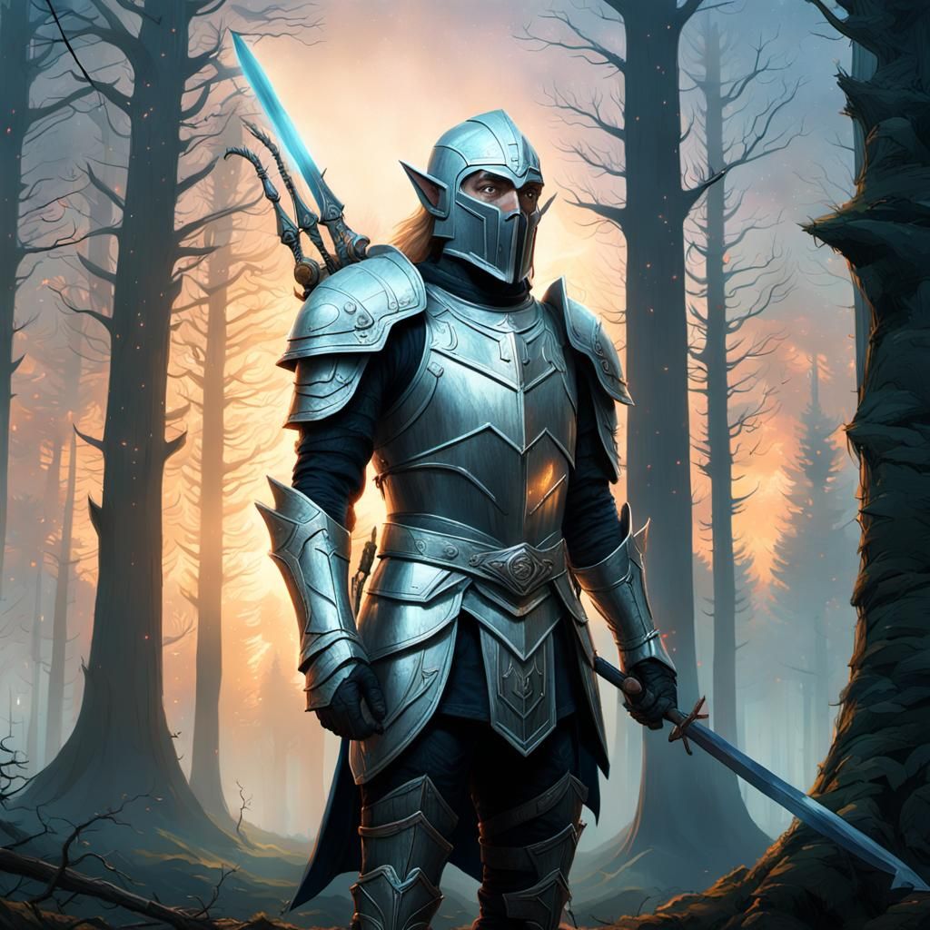 Elf Paladin in Mystical Forest, Digital Matte Painting