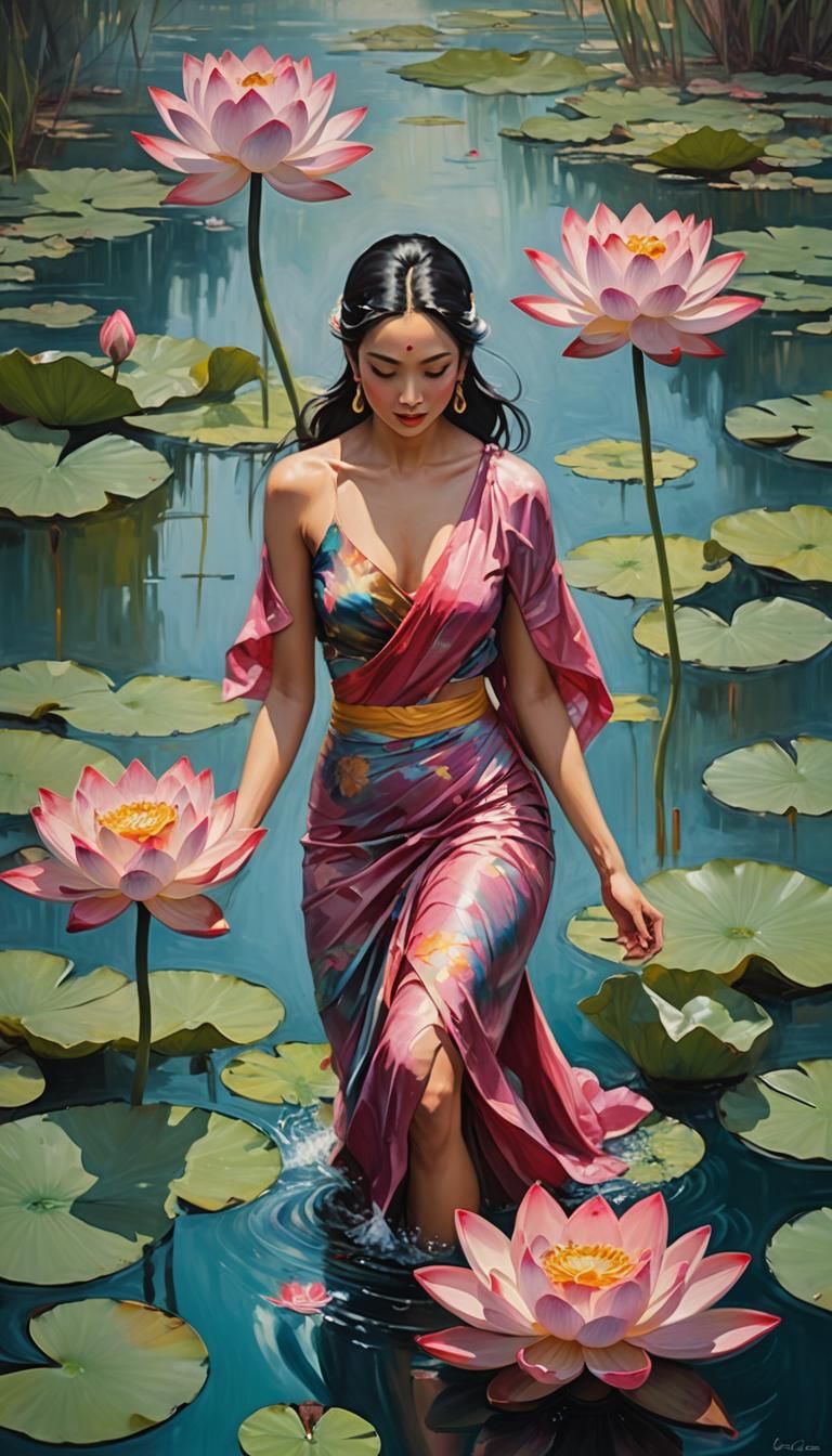 Woman Emerges from Lotus Flower: Gouache Watercolor Painting