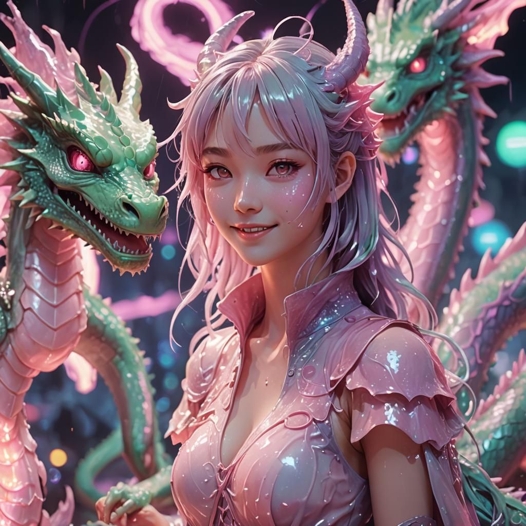 Pastel Anime Dragon Girl with Shimmering Lights
