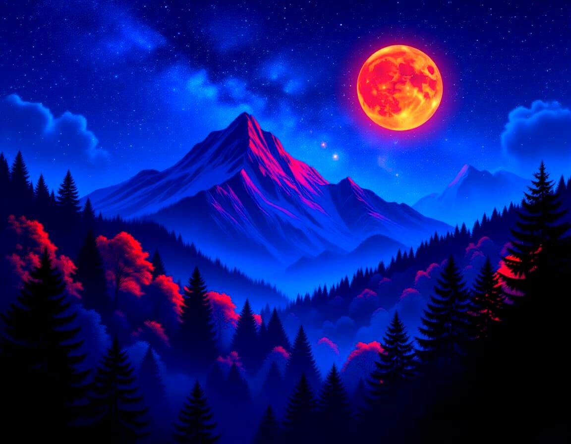Magical Glowing Mountain Forest Under Neon Moon