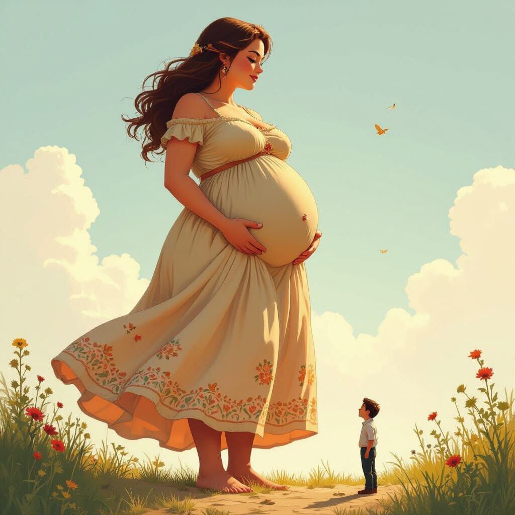 Giantess Dominates Whimsical Landscape in Fantasy Art Style