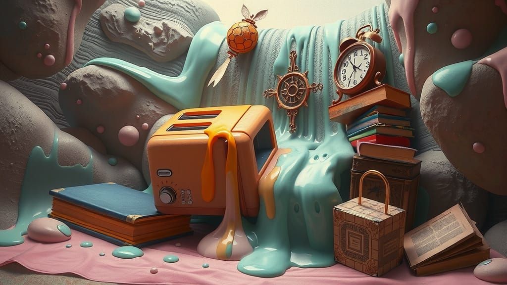 Surreal Waterfall of Melting Objects in Dream Landscape