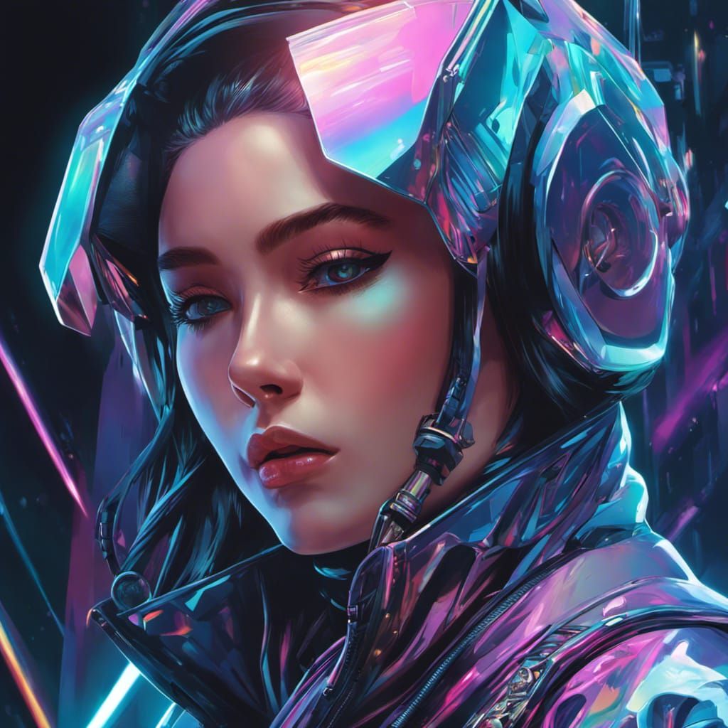 Anime Woman in Holographic Cyberpunk Style