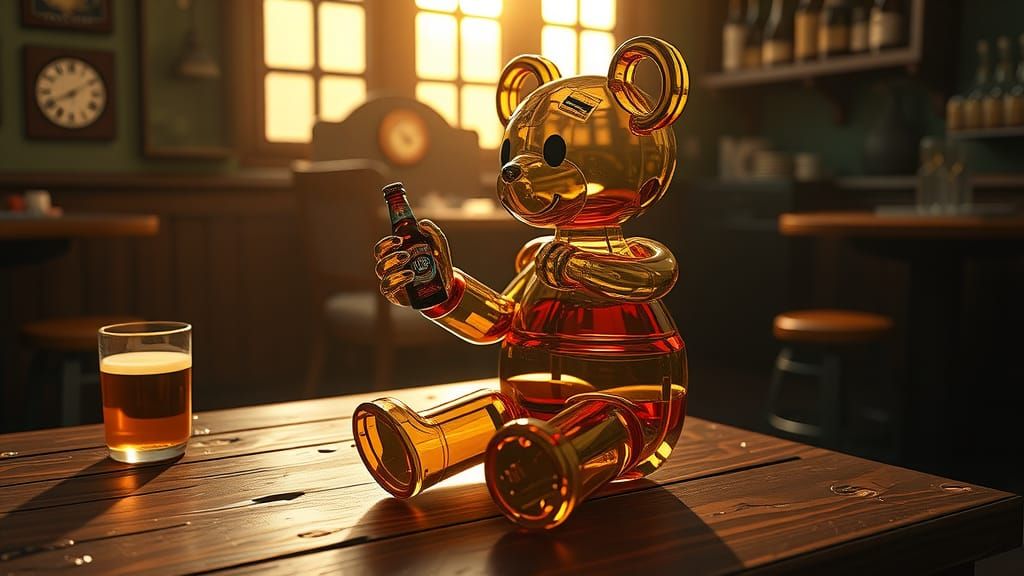 Beer Bottle Bear in Pub, Syd Mead Inspired 3D Art