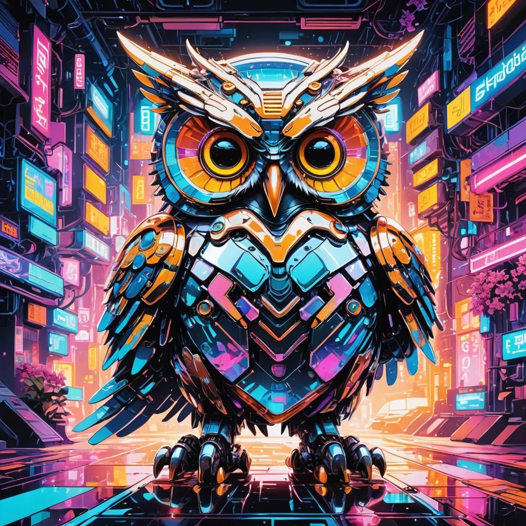Cyberpunk Robot Owl in Neon Manga Artwork