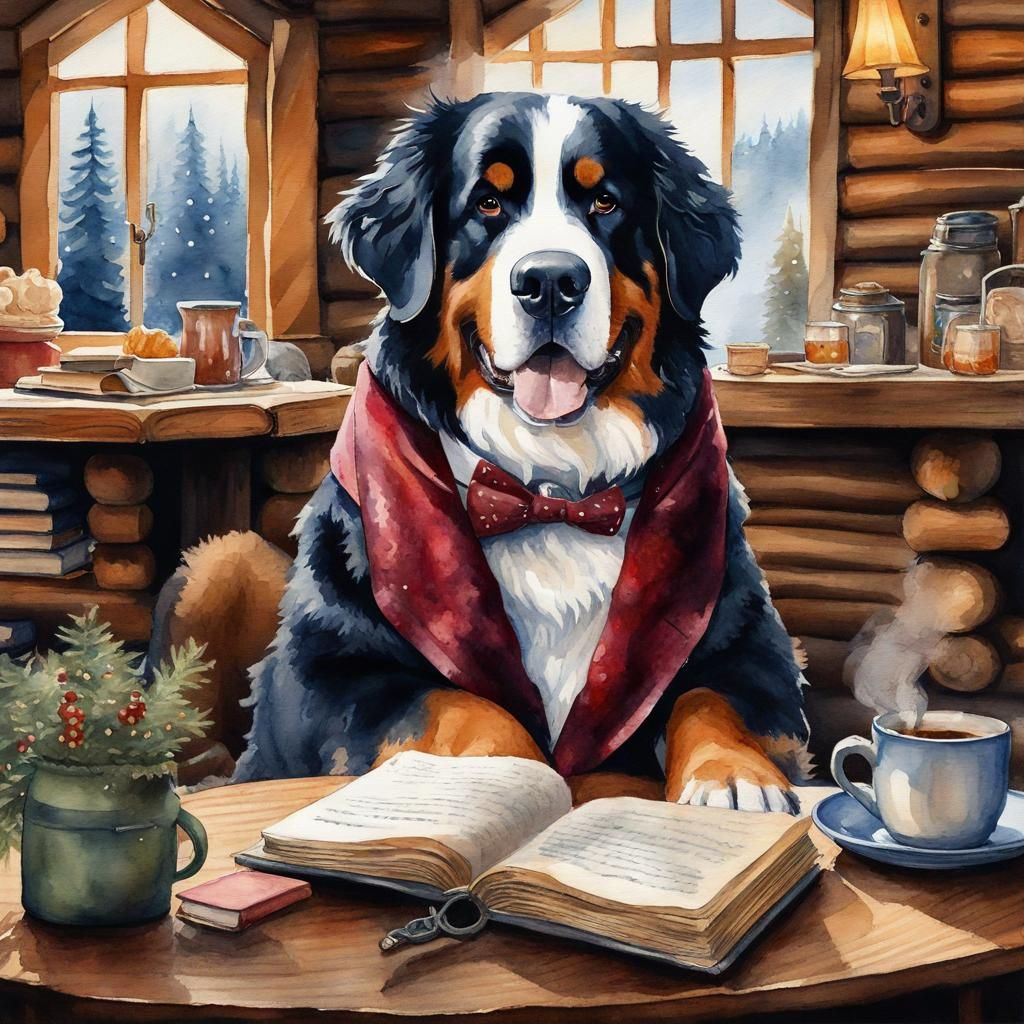 Bernese Mountain Dog Reading in Log Cabin, Watercolor