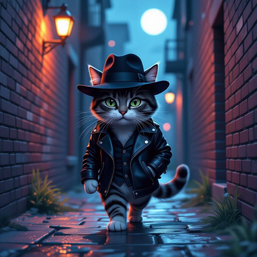 Whiskered Cat Burglar in Noir Alleyway