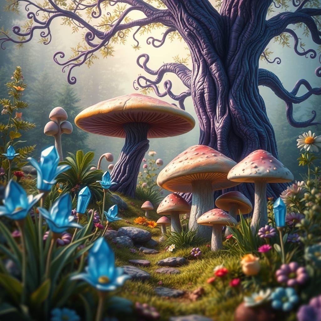 Enchanted Garden with Crystal Flowers, Dreamy Art Style