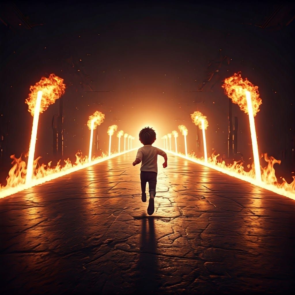 Magical Boy Runs on Fiery Runway with Endless Possibility