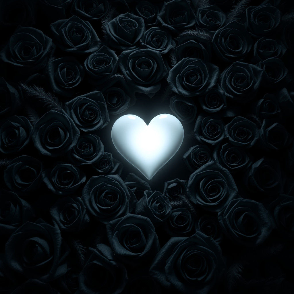 White Heart Among Black Roses in Abstract Style