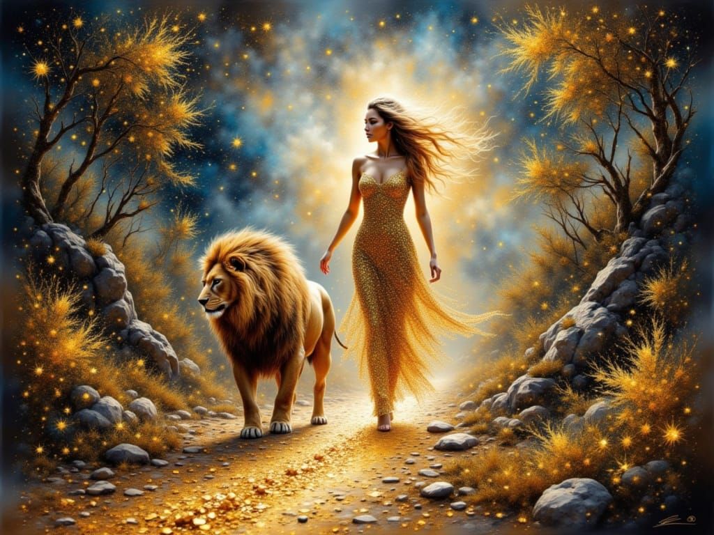 Celestial Being and Lion in Stardust Dreamscape