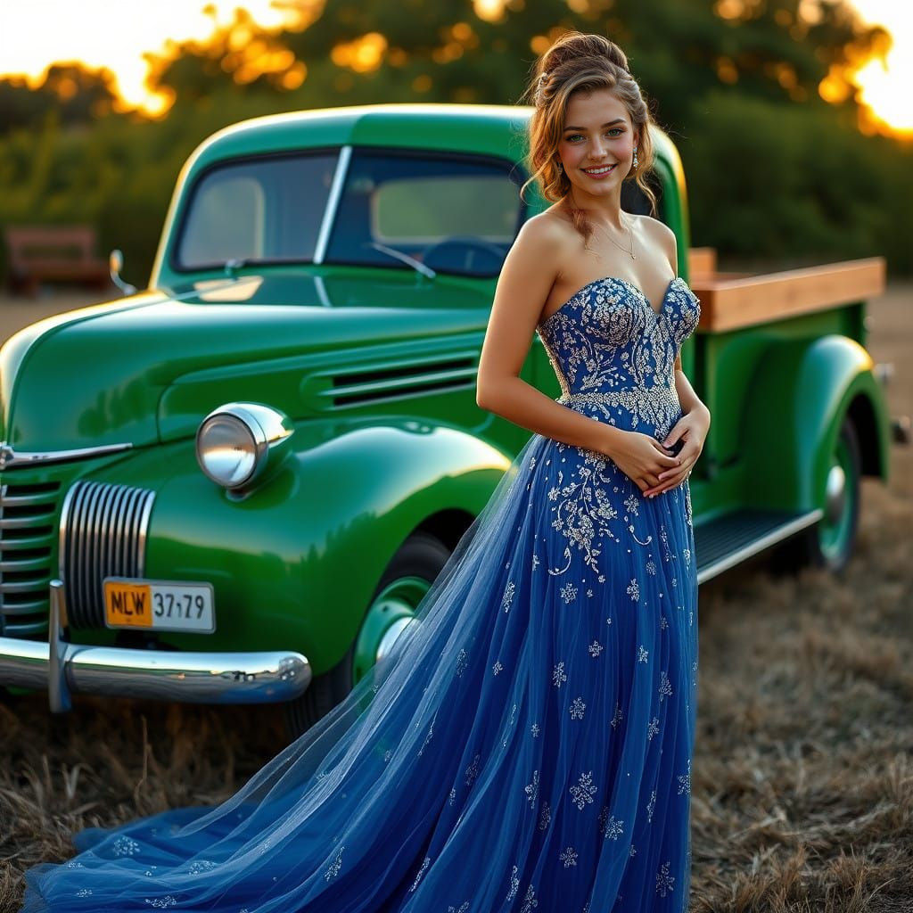 Southern Belle in Vintage Prom Dress with Classic Pickup Tru...