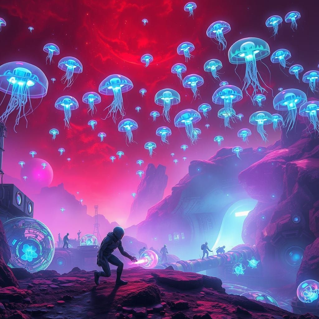 Aliens Uncover Luminous Rock in Iridescent Landscape