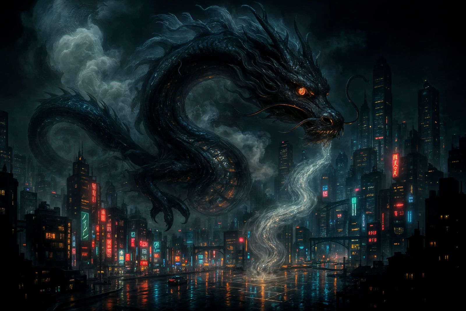 Cyberpunk Dragon Guardian Shimmers Above Neon Cityscape