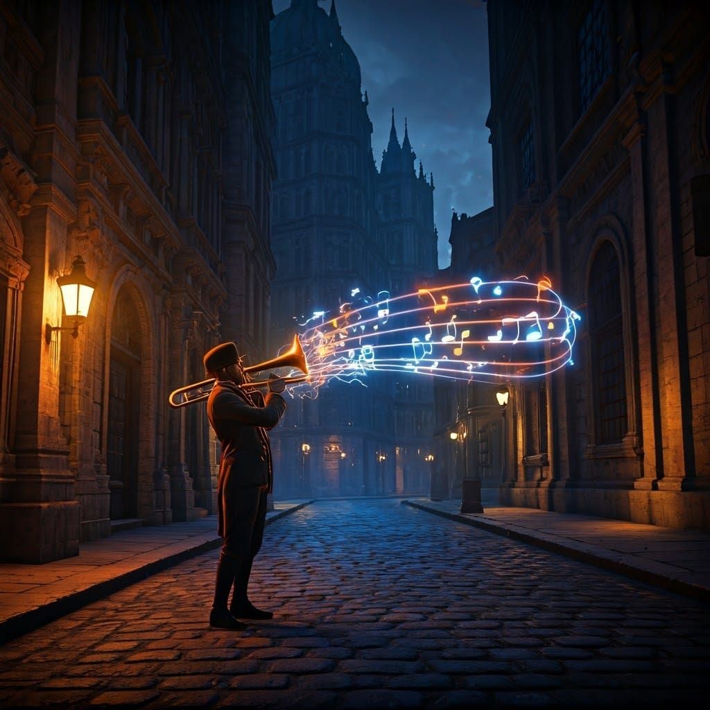 Mystical Busker Plays Trombone on Enchanted Street