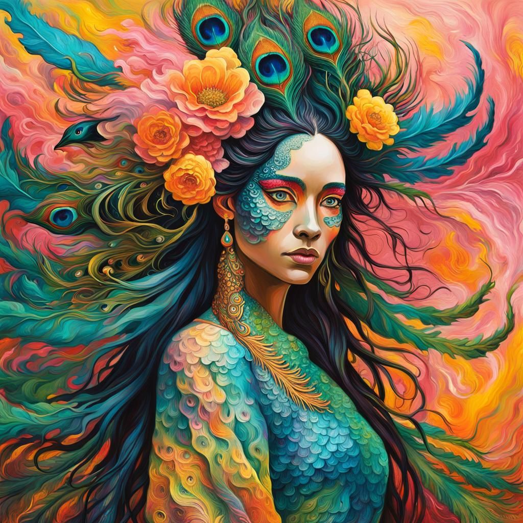 Dragon Peacock Woman in Abstract Expressionism Style