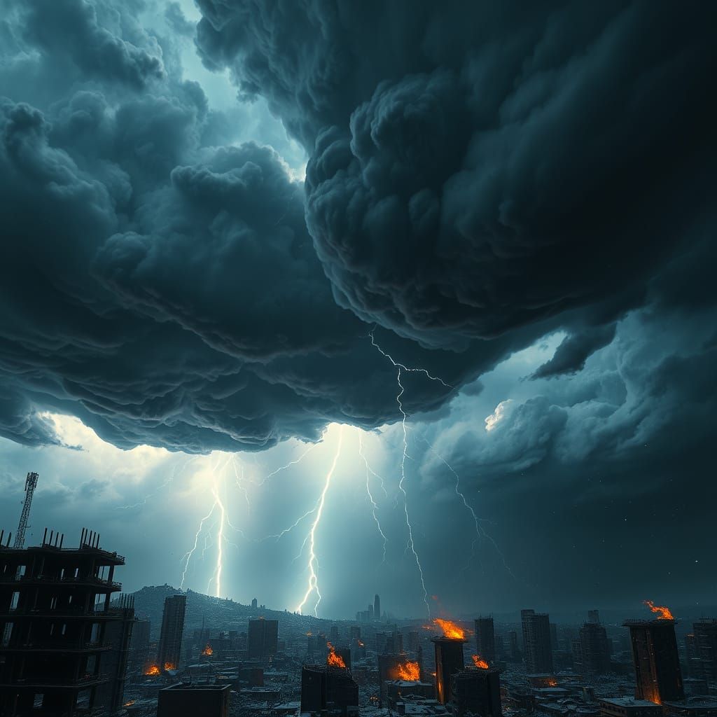 Ominous Ruined Cityscape Under Turbulent Sky
