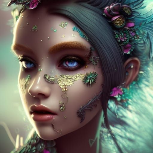 Delicate Dark Spirit Portrait with Diamonds and Flowers