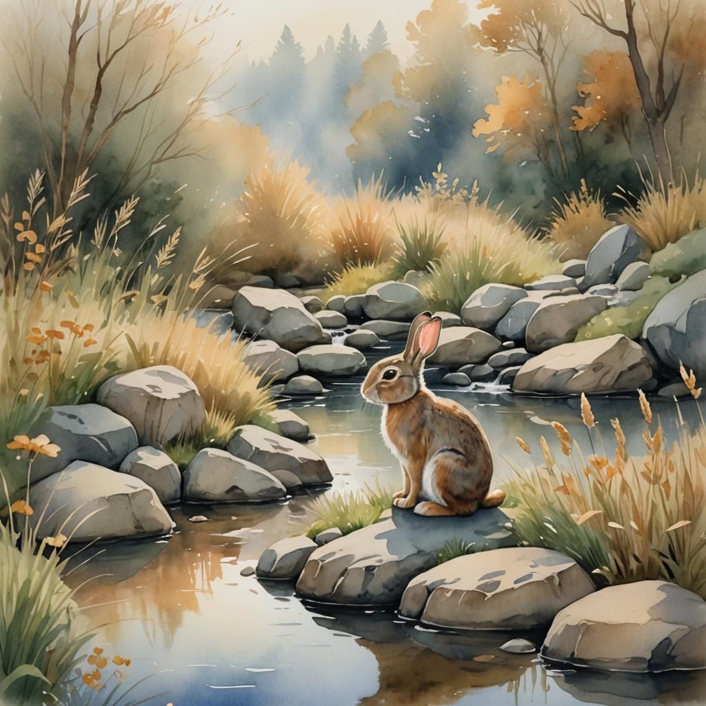 Rabbit in Autumn Meadow: Watercolor Impressionism