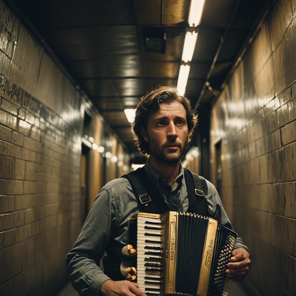 Accordion Player in Metro Tunnel: Cinematic Film Still
