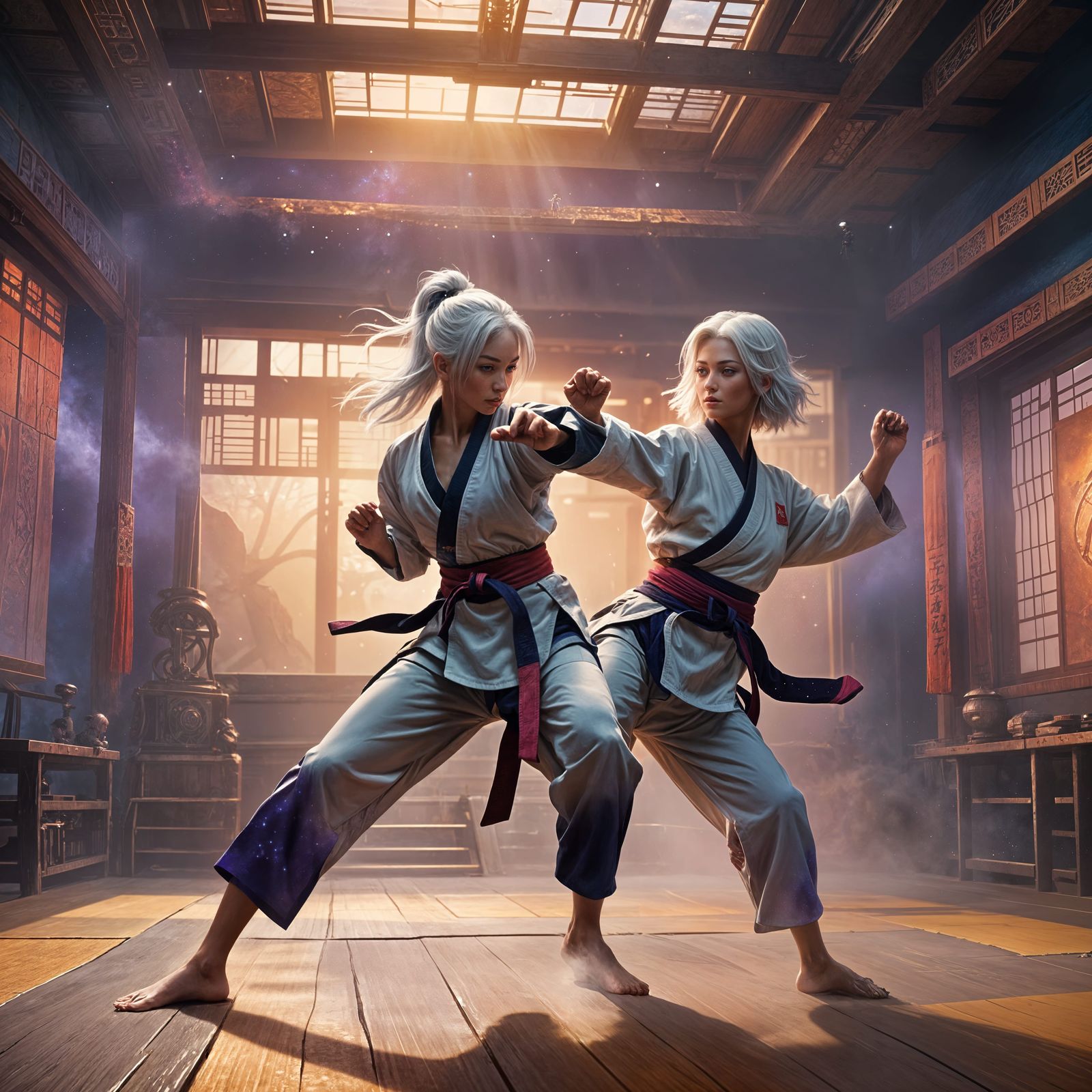 Girl with White Hair Practicing Karate in Fantasy Art