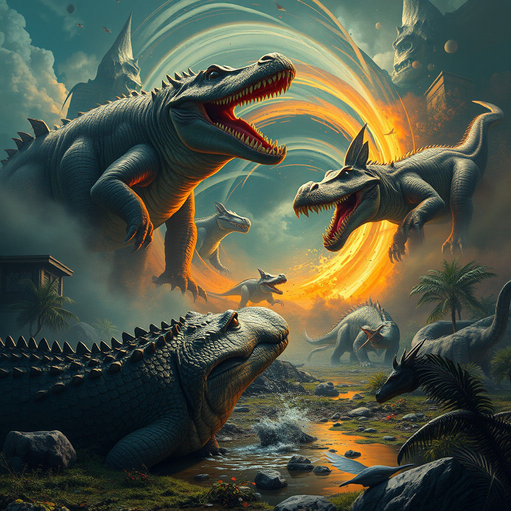 Crocodile vs Rynasaurs in Prehistoric Battle
