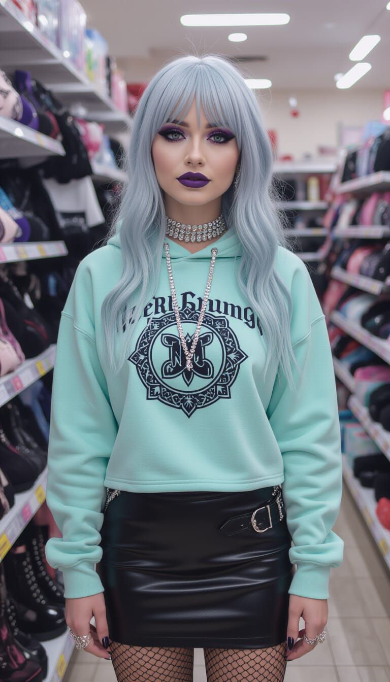 Goth Woman Shops for Lingerie in Festive Boutique