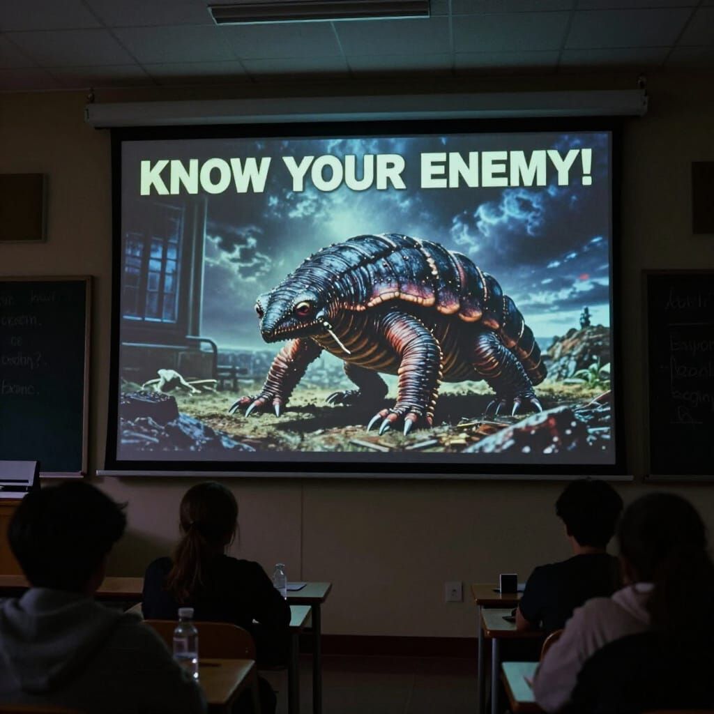 Tardigrade Image in Moody Classroom, 80s VHS Aesthetic