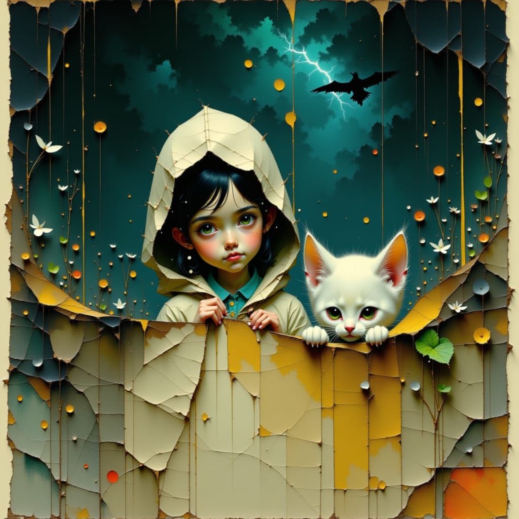 Girl and Kitten Hiding During Thunderstorm, Illustrated Styl...