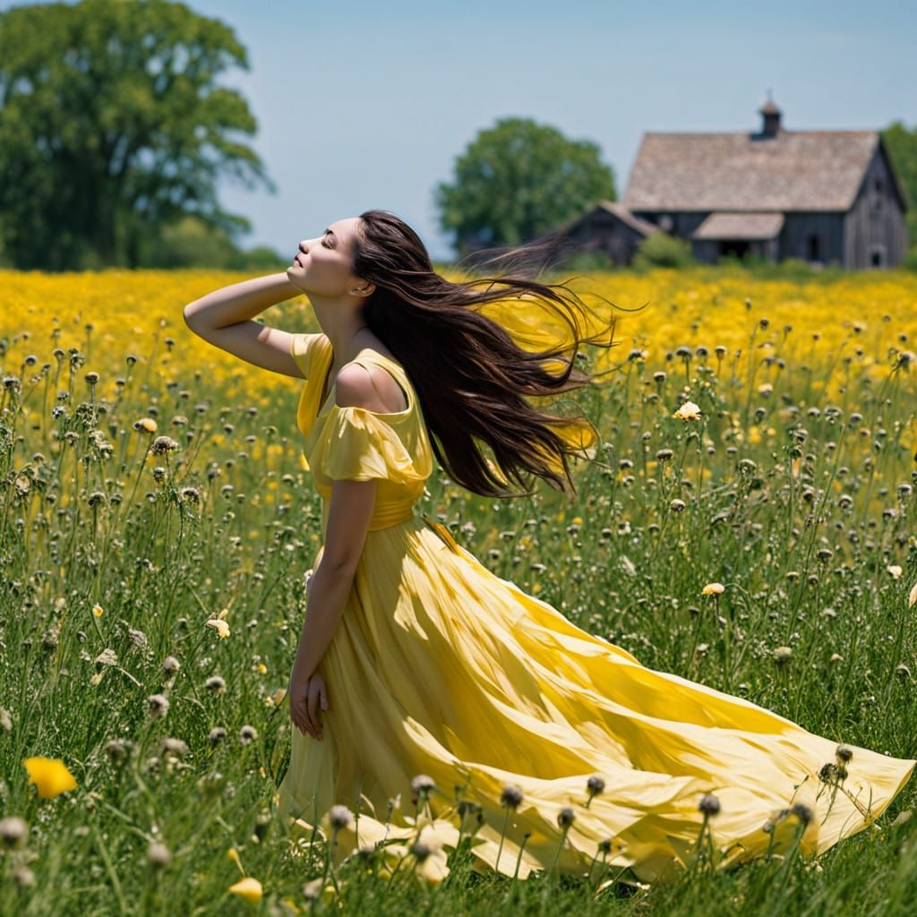 Young Woman Amidst Dandelions in Wistful Summer Scene