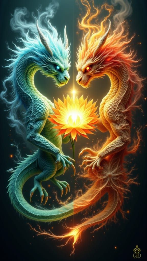Dual Dragon Form: Serene Crystal and Fierce Fire