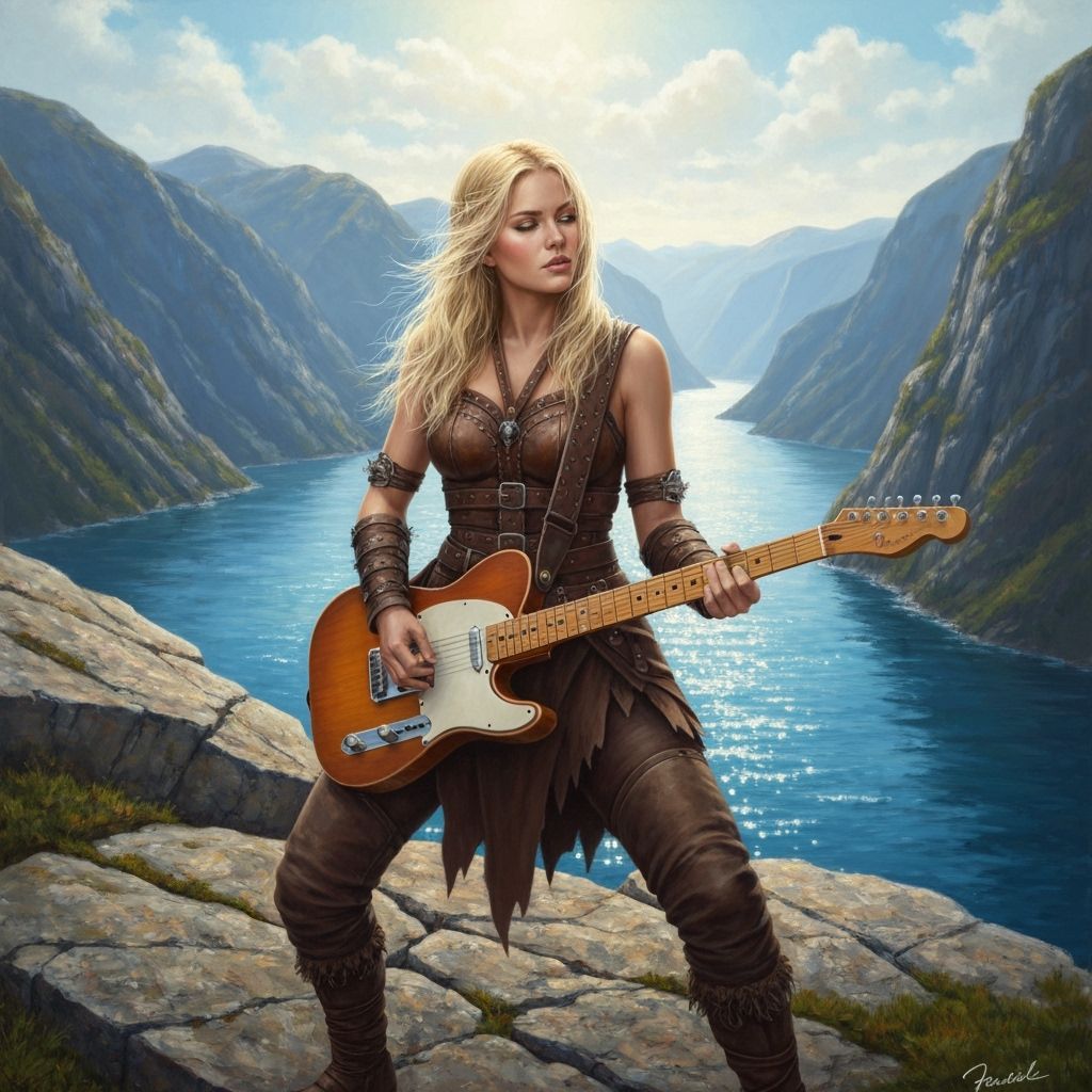 Viking Woman Plays Electric Guitar on Fjord Cliffs in Impres...