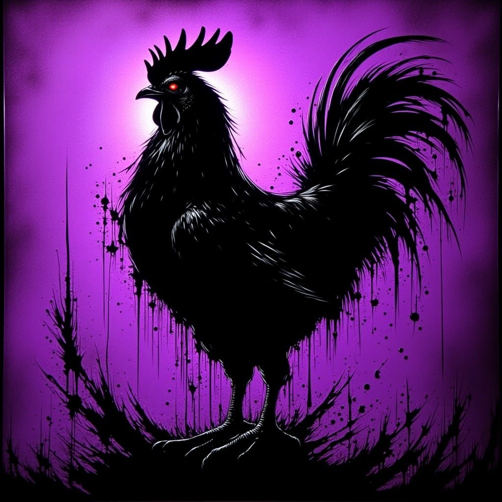 Sinister Rooster: Abstract Black Painting on Purple Glass