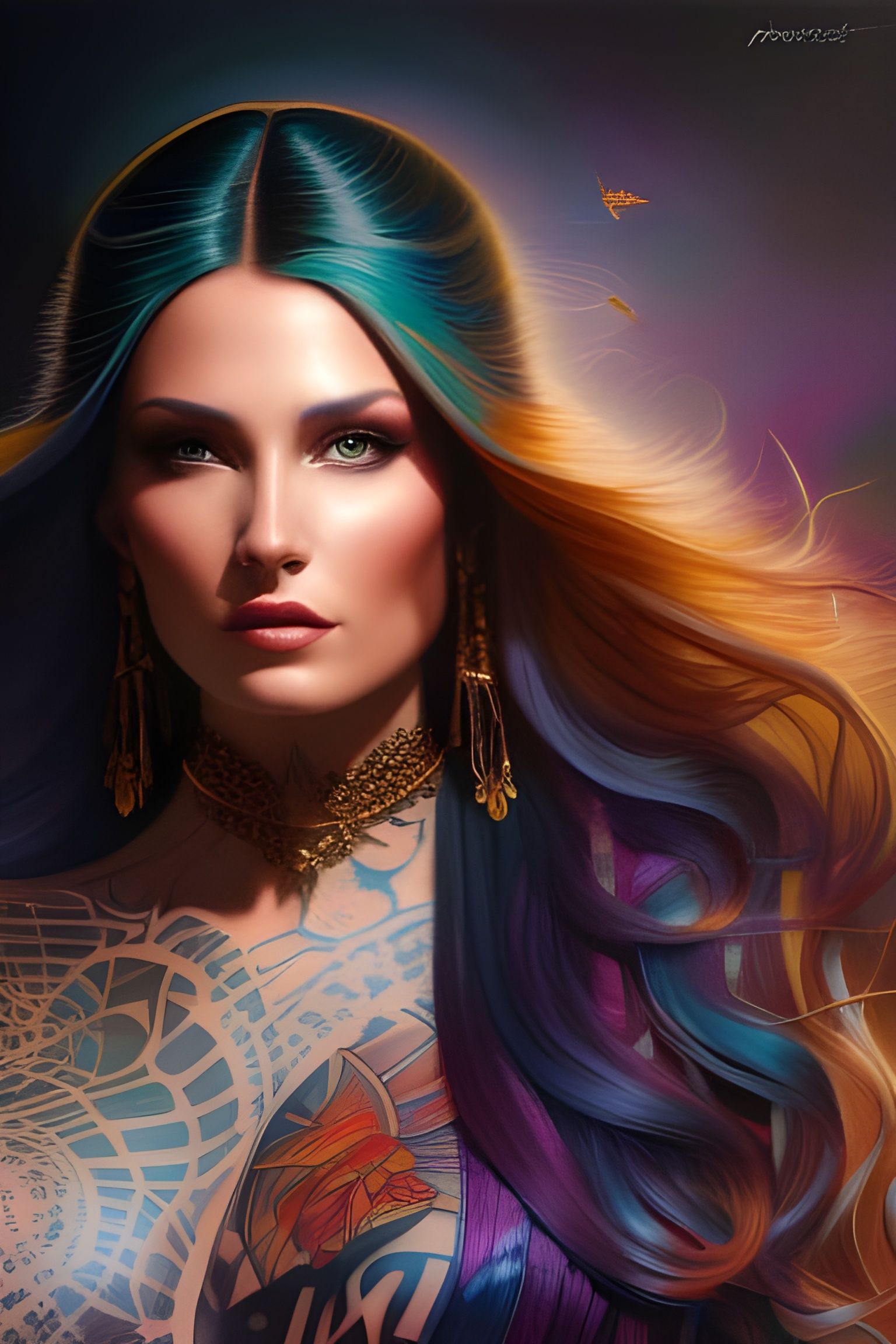Boho Tattooed Goddess Portrait in 3D Digital Art