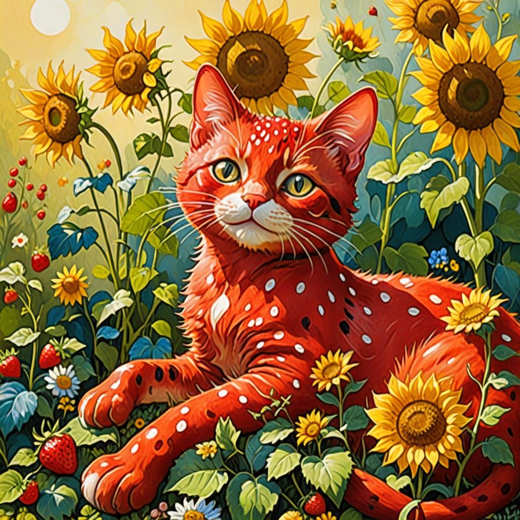 Whimsical Garden Cat in Vibrant Red