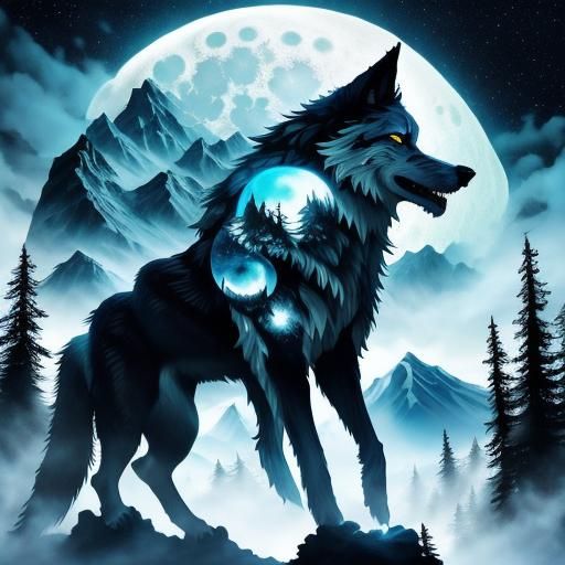 Wolves Howling at Moonlit Midnight Sky Painting