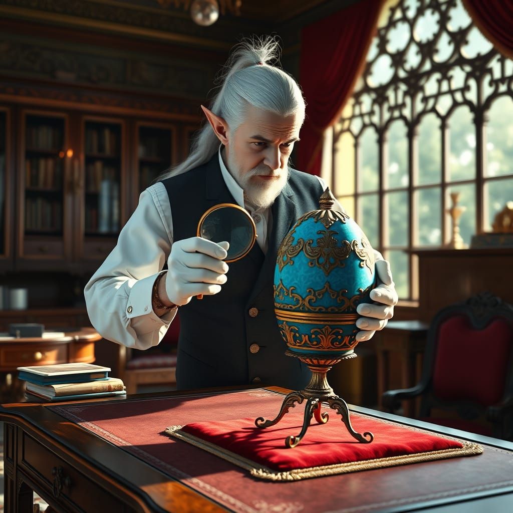 Elf Evaluates Fabergé Egg in Victorian Study
