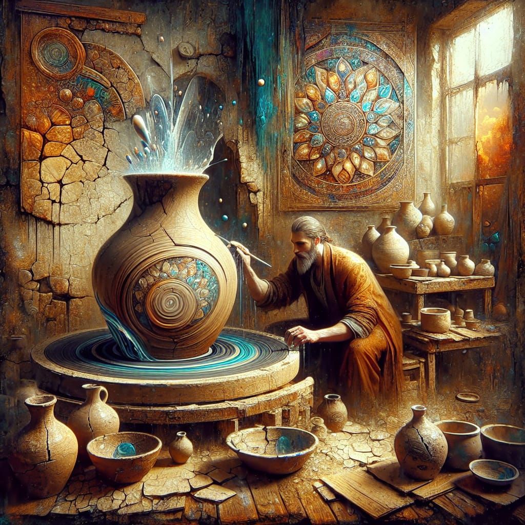 Fantasy Potter Crafting Ethereal Jug as Oil Painting