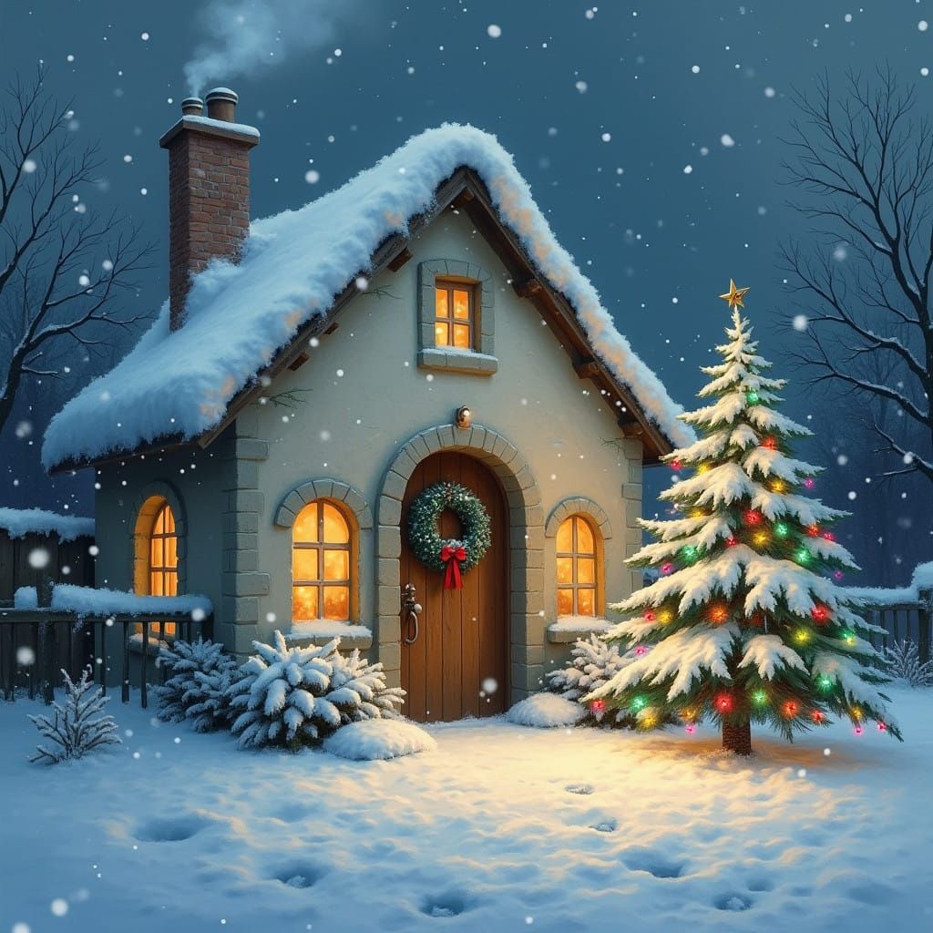 Snowy Christmas Cottage Under Starry Night Sky