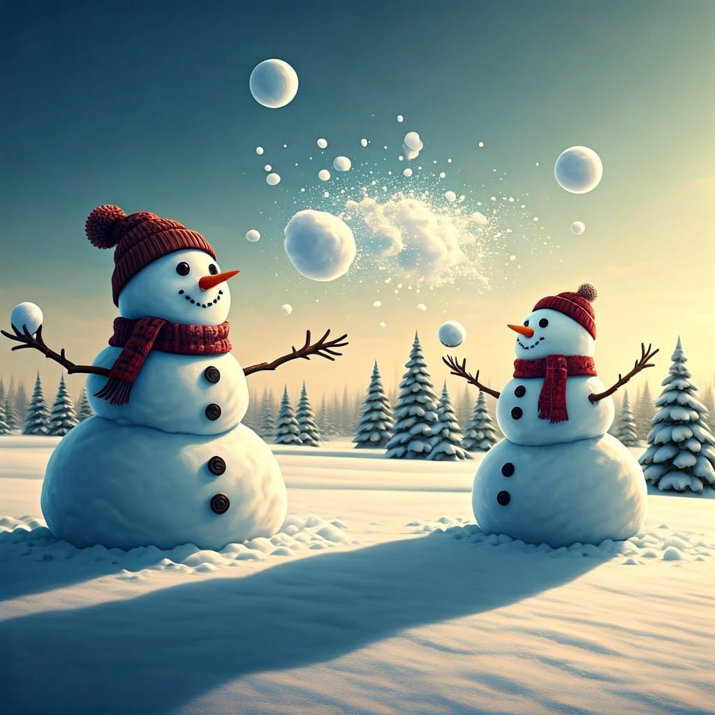 Whimsical Snowmen Snowball Fight in Winter Wonderland