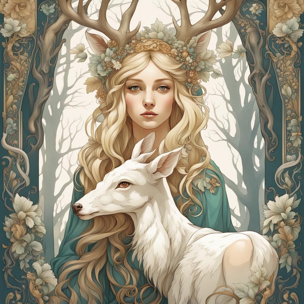 Forest Girl with White Deer in Mucha Style