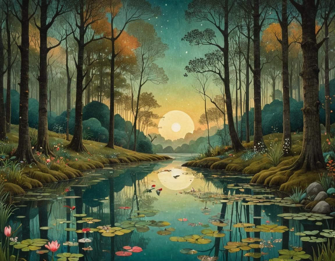 Whimsical Forest Pond at Sunrise: Collage Art